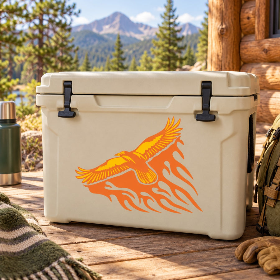 Beige cooler with orange eagle flame-style sticker on the front