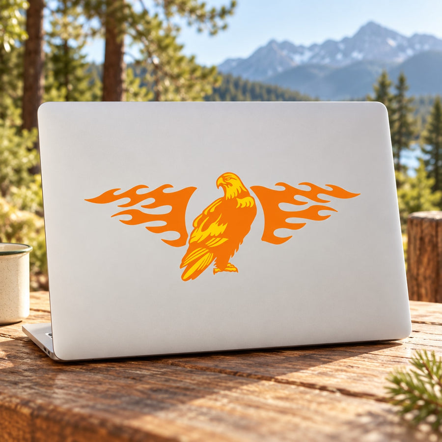 Orange eagle graphic sticker on white rectangular backing