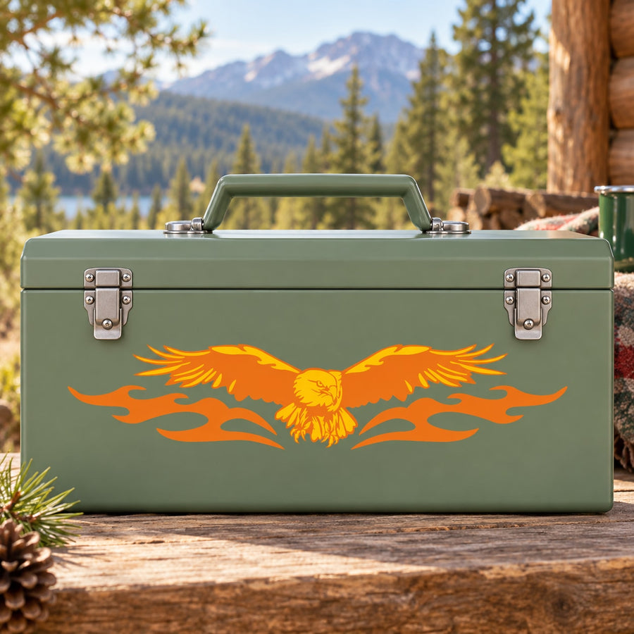 Green metal toolbox with orange eagle graphic decal