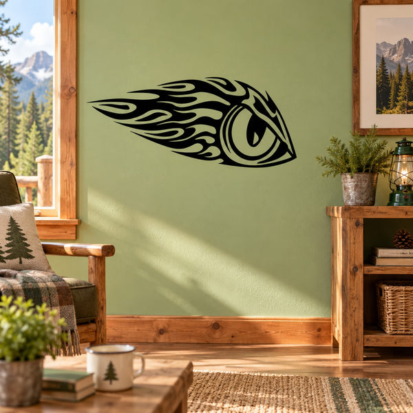 Eagle eye wall decal with black flame-style outline and green eye iris