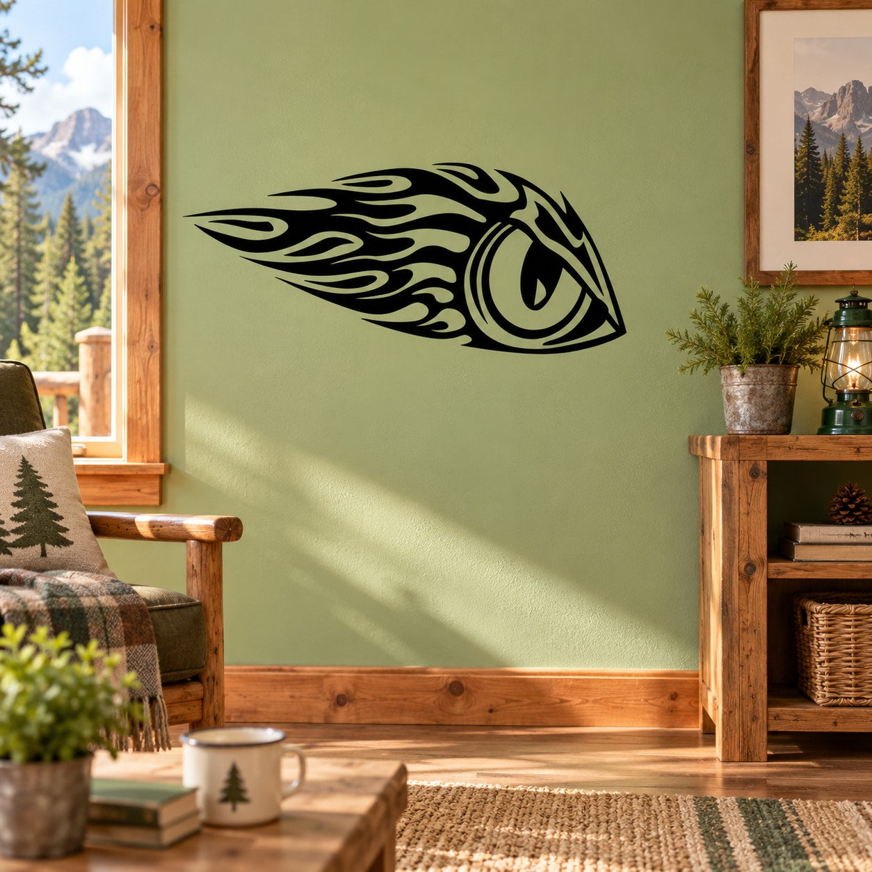 Eagle eye wall decal with black flame-style outline and green eye iris