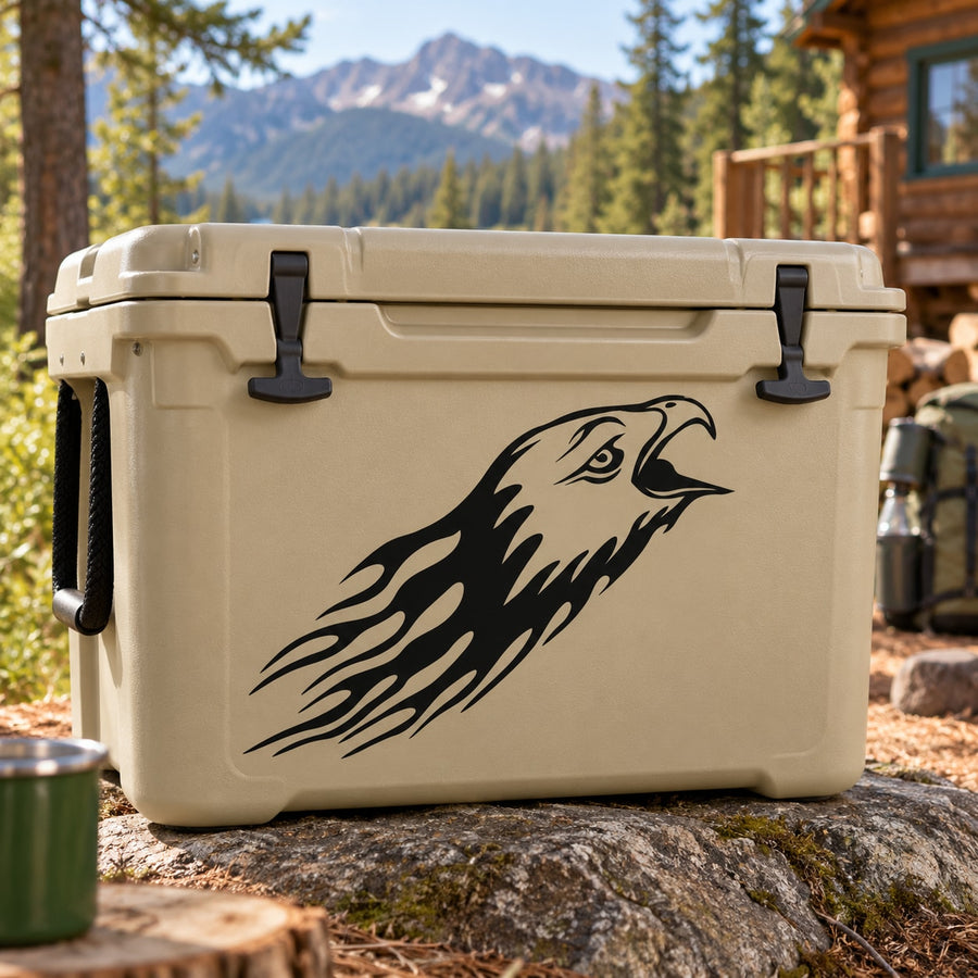 Screaming eagle head decal for cooler, black graphic with flame-like lines