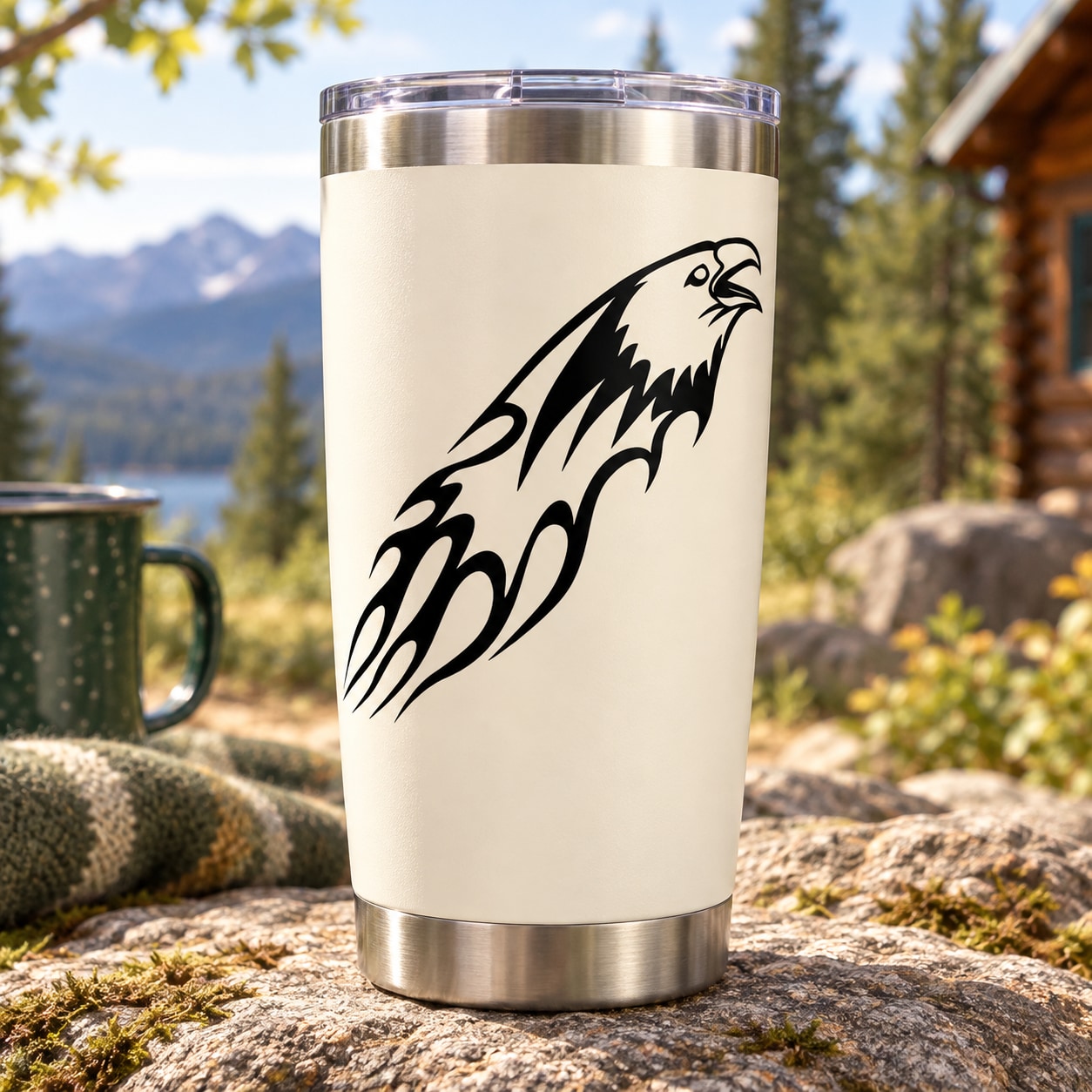 Stainless steel tumbler with black eagle head decal graphic on white front