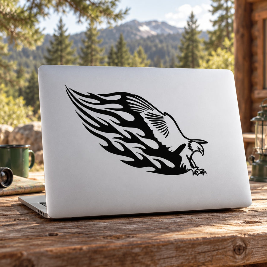 Black eagle wings flame decal on white laptop lid