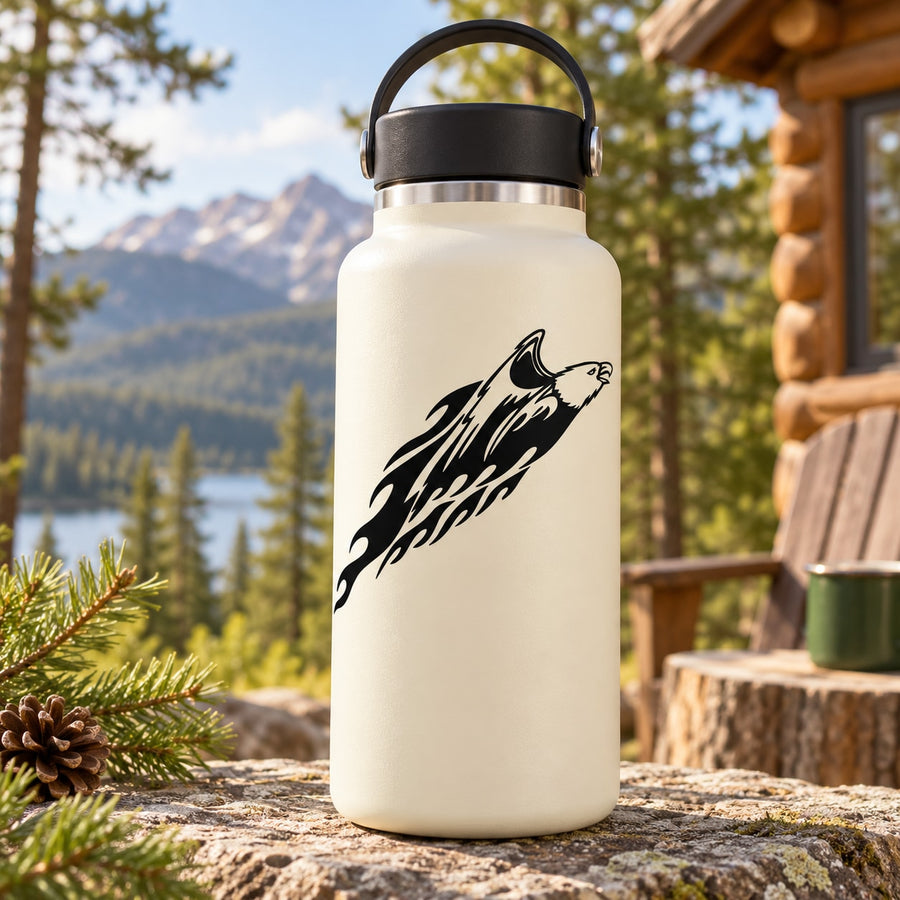 Flame burst eagle decal on white water bottle