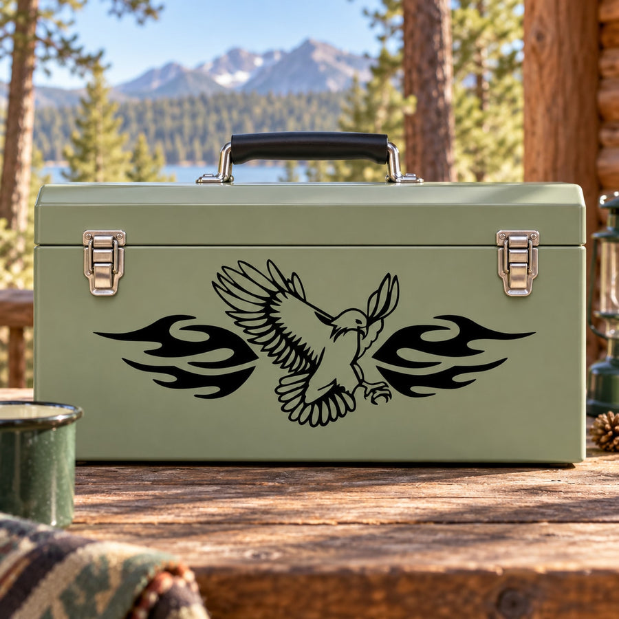 Black flapping eagle fire decal on a green metal toolbox lid