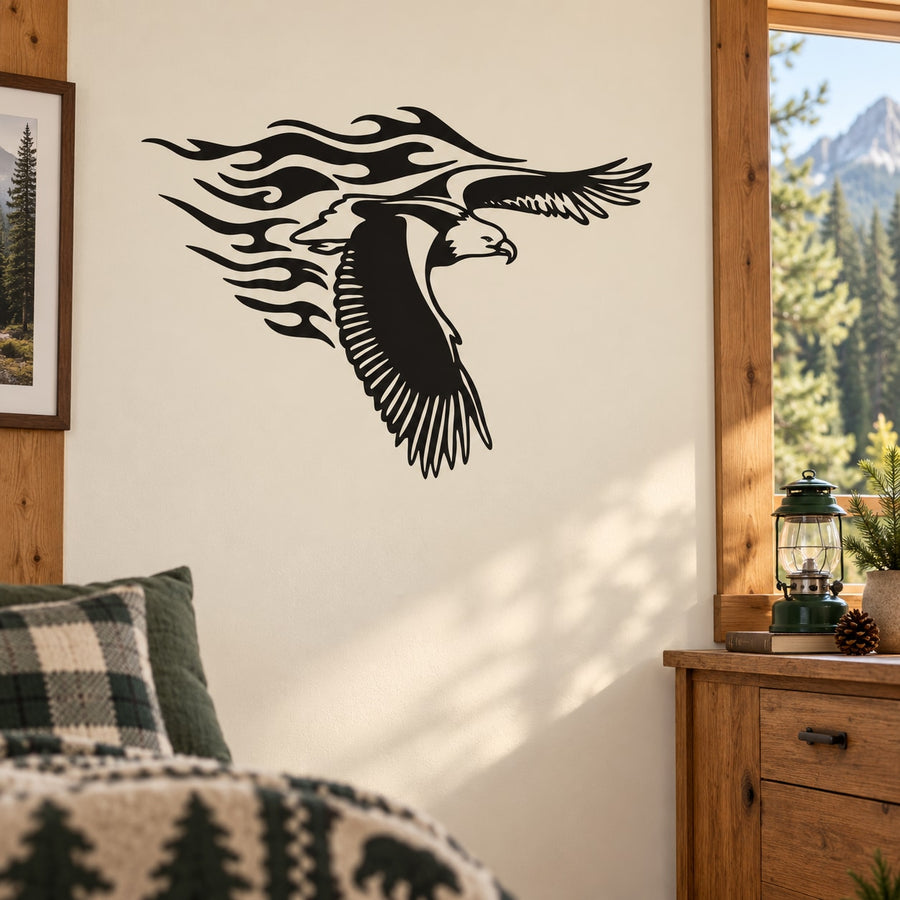 Black soaring eagle fire decal with flame-pattern wings on a wall