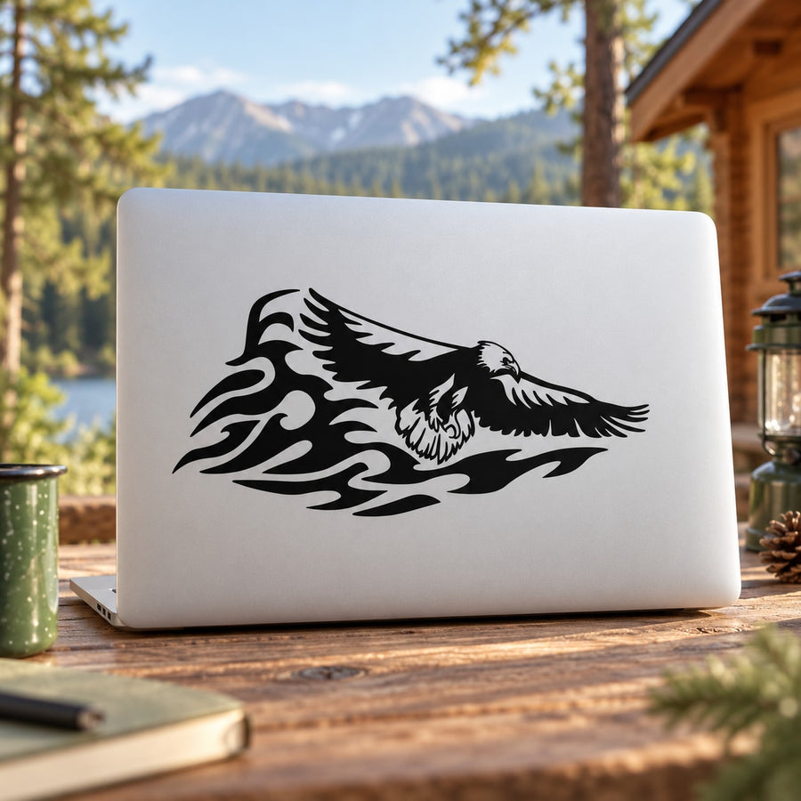 Eagle flame wings decal sticker, black bird graphic on white backing