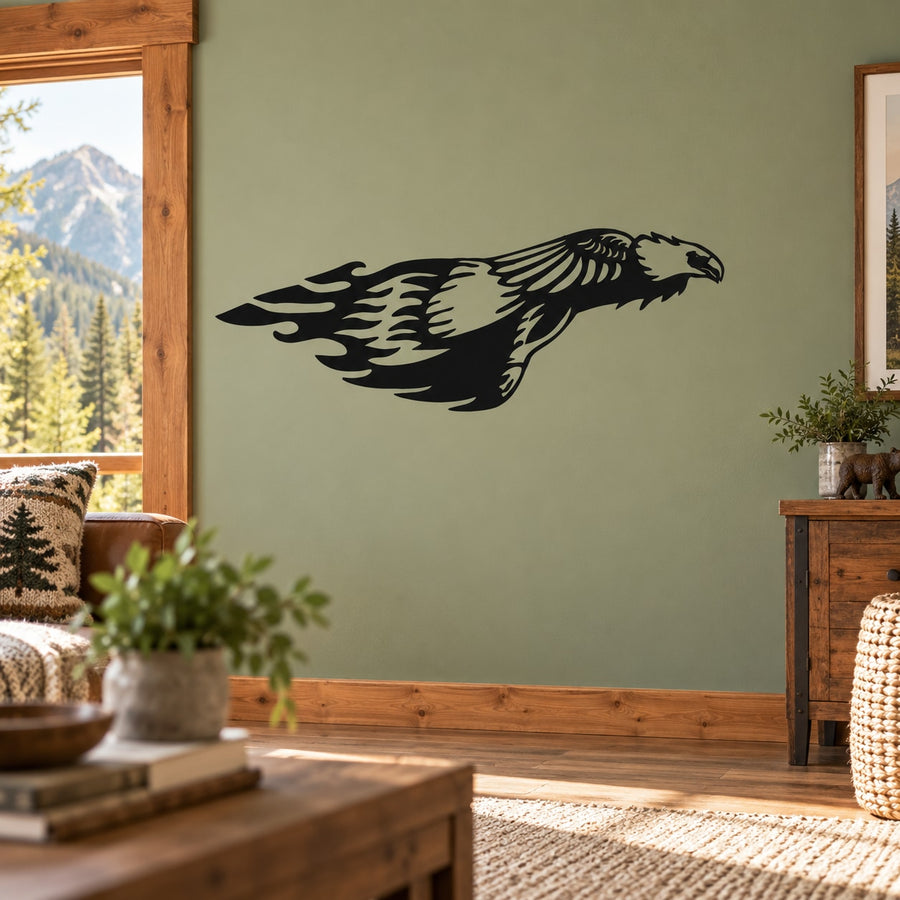 Swooping fire eagle wall decal with black silhouette and flame details