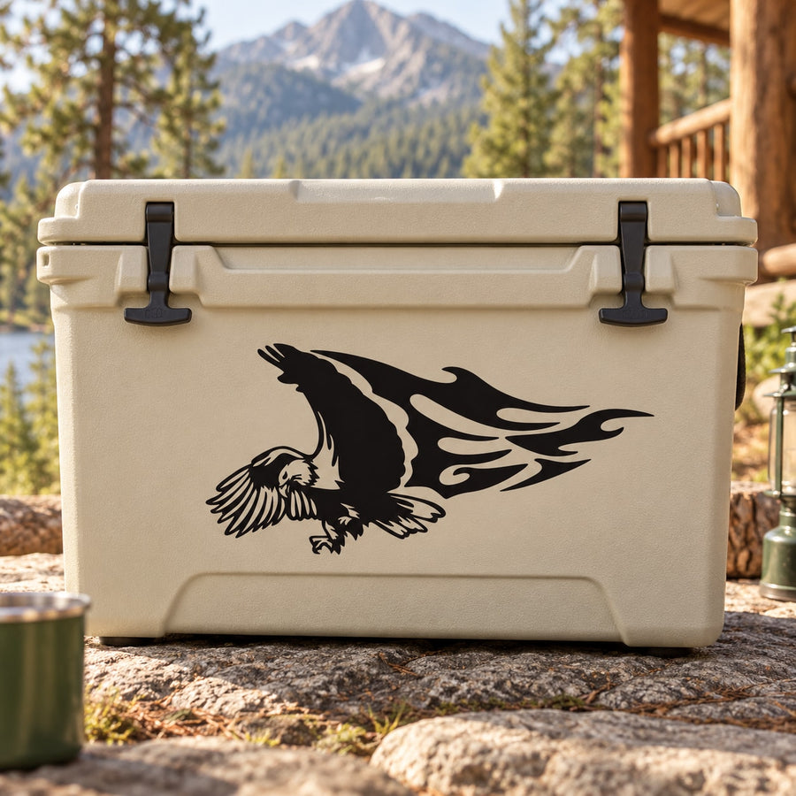 Black eagle wing flame decal on light beige cooler lid