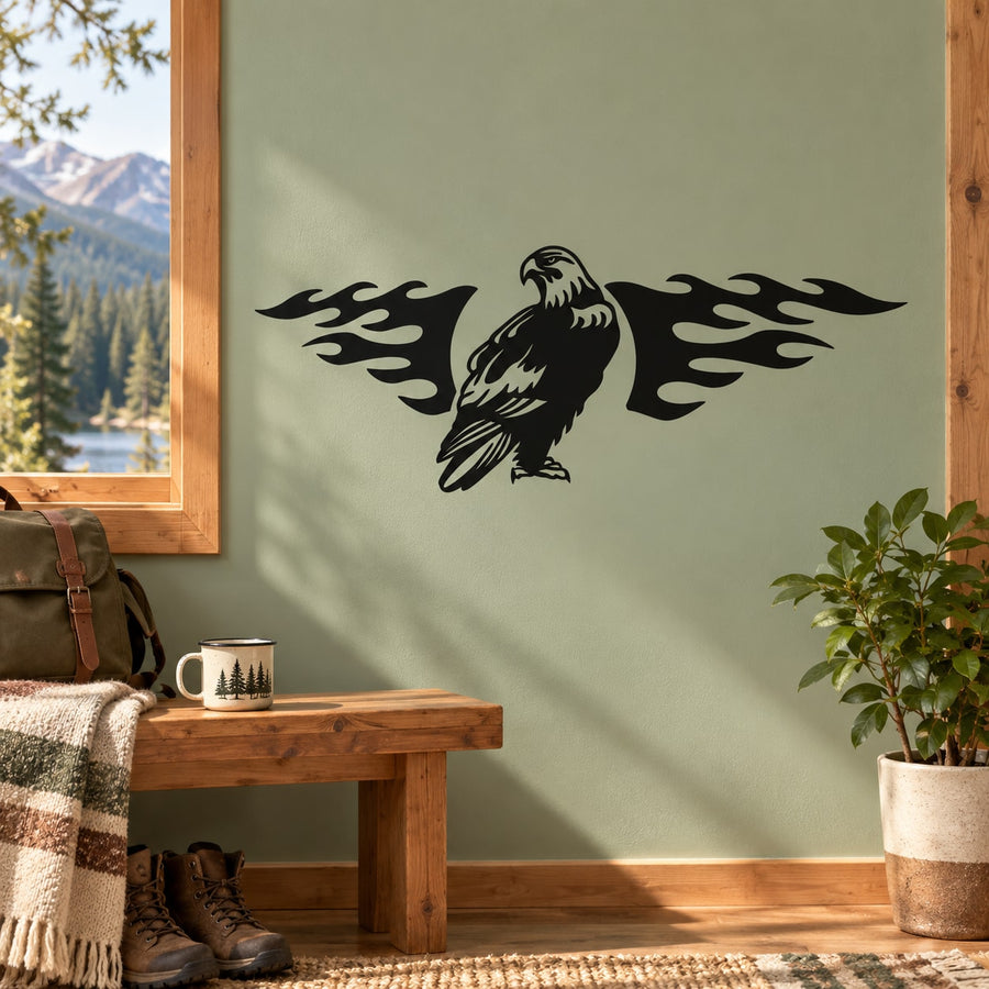 Black eagle wing flame decal on light wall