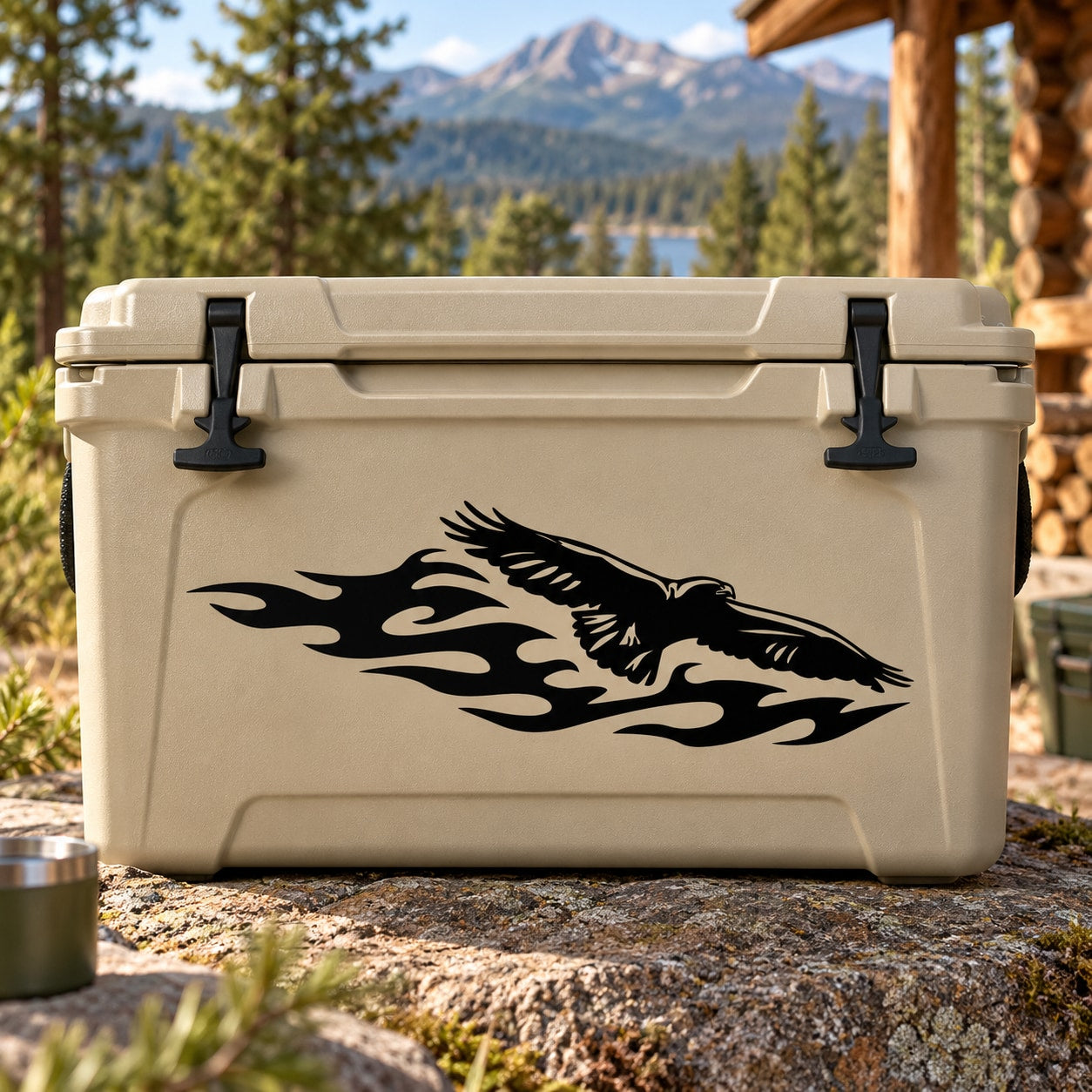 Black eagle in flight decal on outdoor cooler