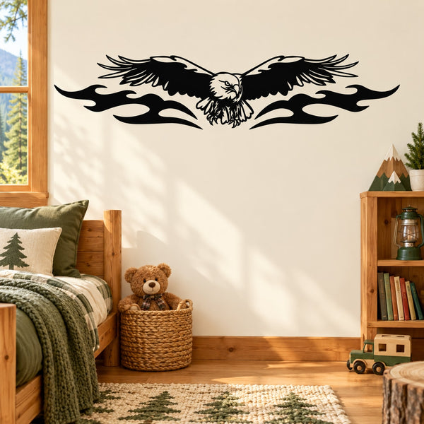 Black eagle wing wall decal with detailed beak and feathers, flame-like accents