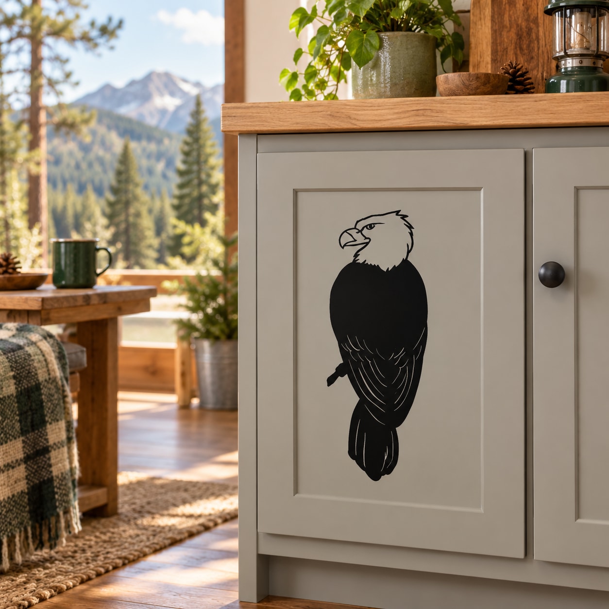 Eagle perched decal with black bird silhouette design on a light panel
