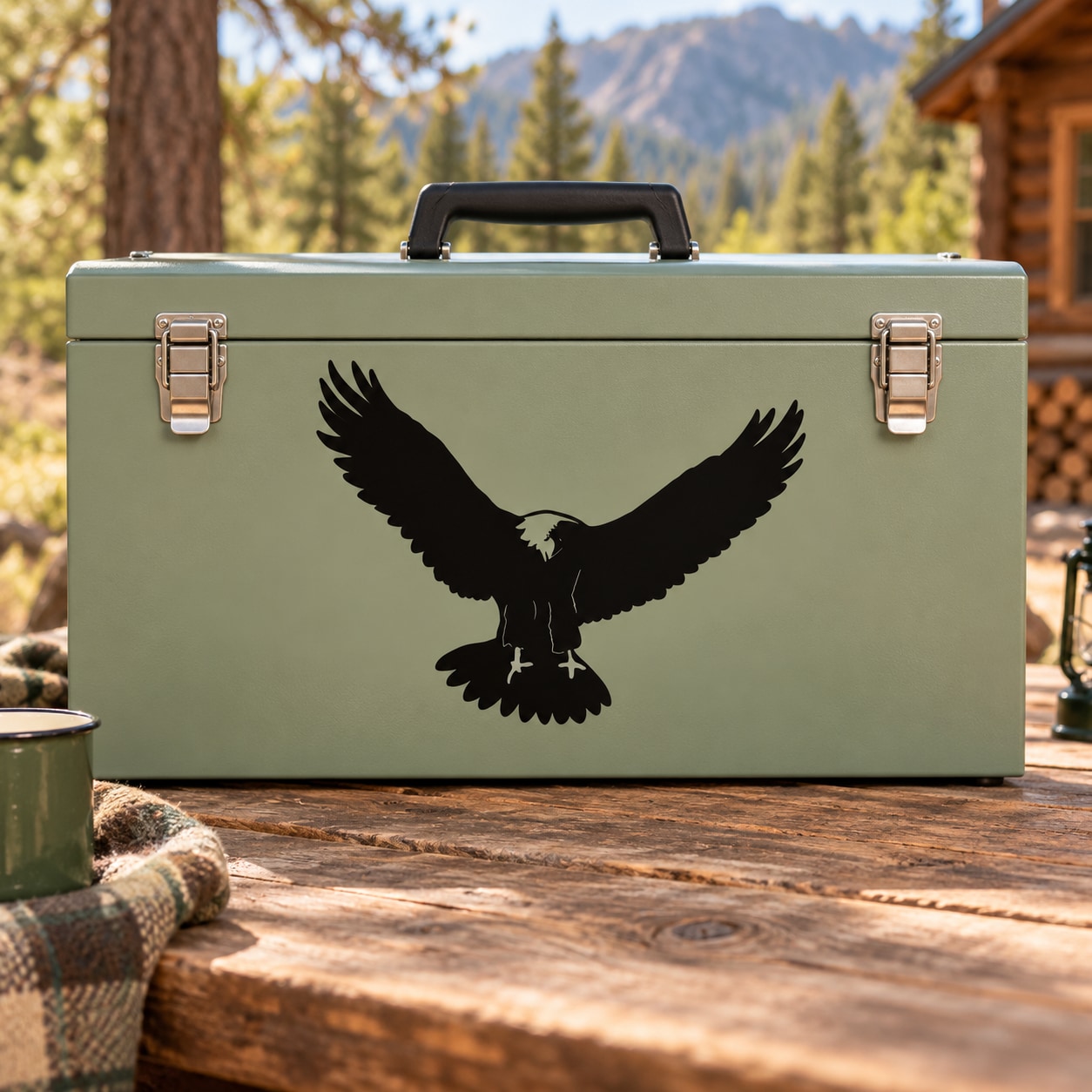 Black eagle silhouette ascending wings decal on green surface