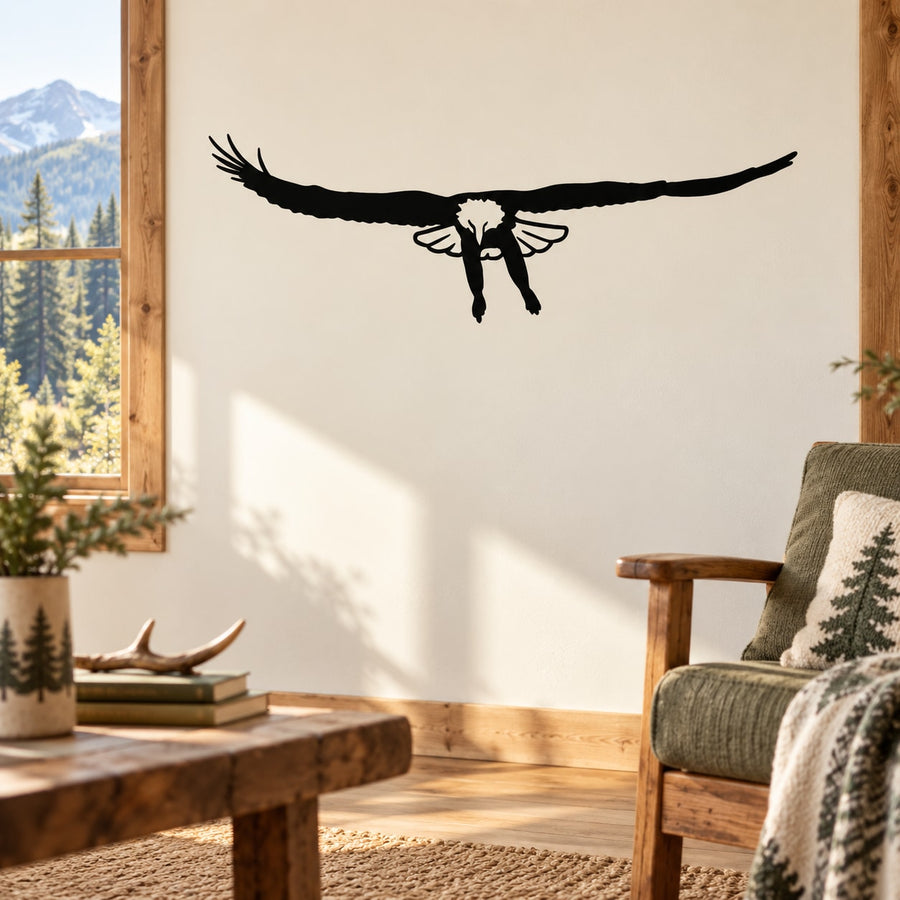 Black eagle wall decal with wings spread and drifting posture.