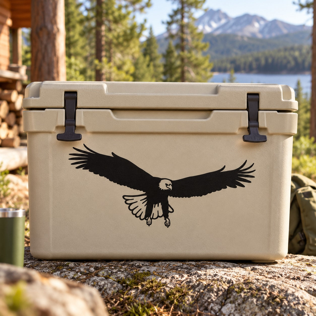 Black eagle decal with talons design on a light gray rectangular cooler