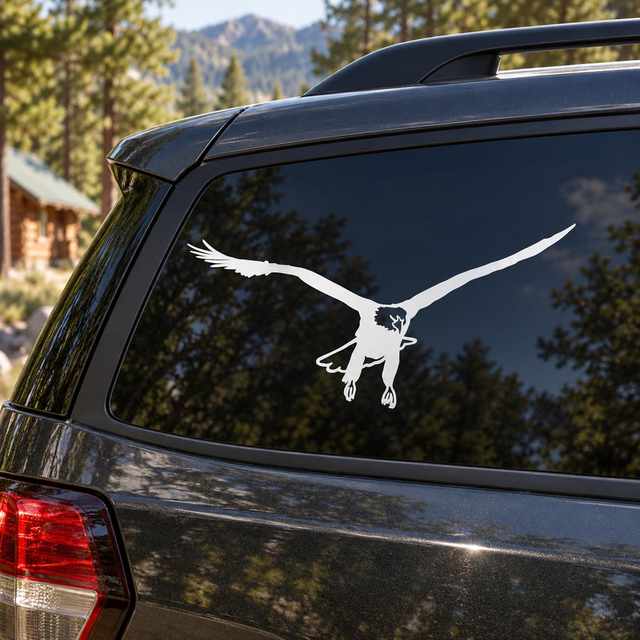 Eagle ready-to-land decal, white flying eagle on car rear window