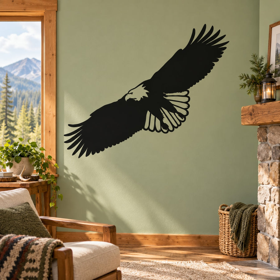 Black eagle wall decal with wings spread, observing
