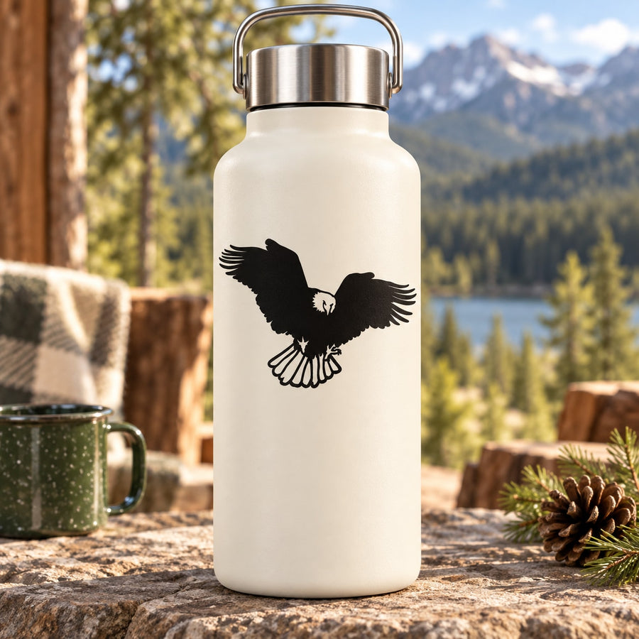 Black flapping eagle silhouette decal on light-colored water bottle