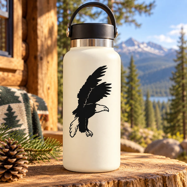 White bottle with black eagle mid-landing decal