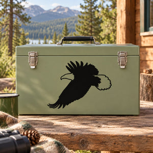 Green metal toolbox with black eagle flying decal on the front panel