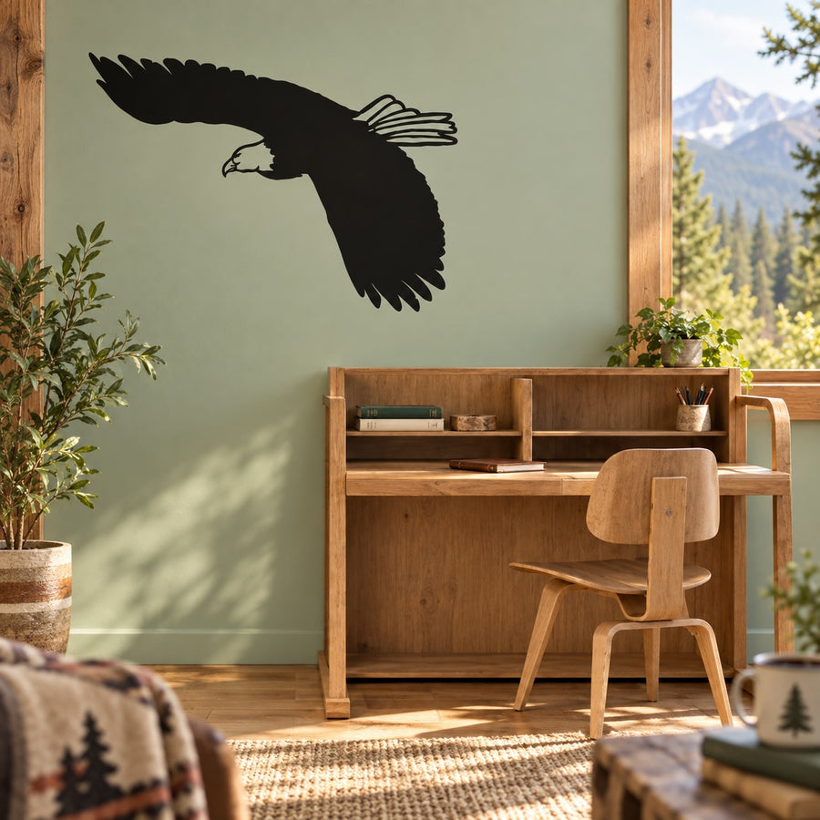 Black eagle wall decal with wings outstretched, hovering flight pose