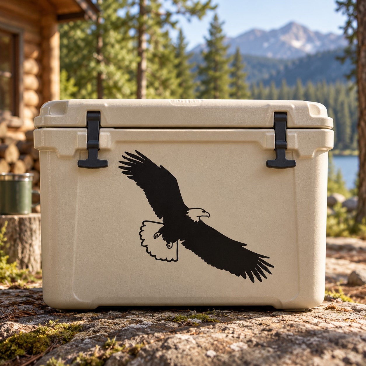 Eagle swooping decal, black silhouette with wings spread on a surface