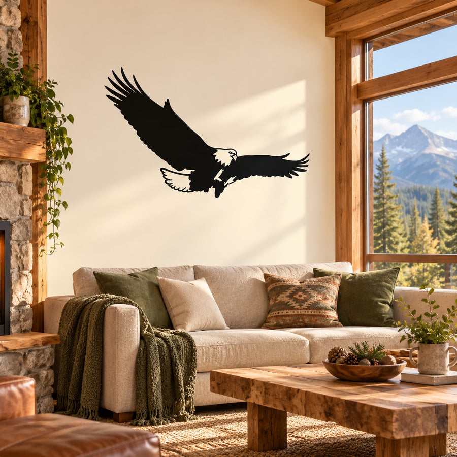 Eagle landing wall decal, black bird silhouette with spread wings and white tail
