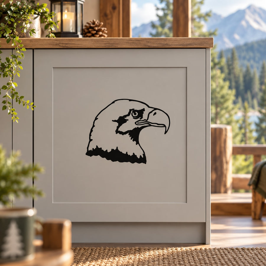 Eagle head decal with black illustrated eagle on light background