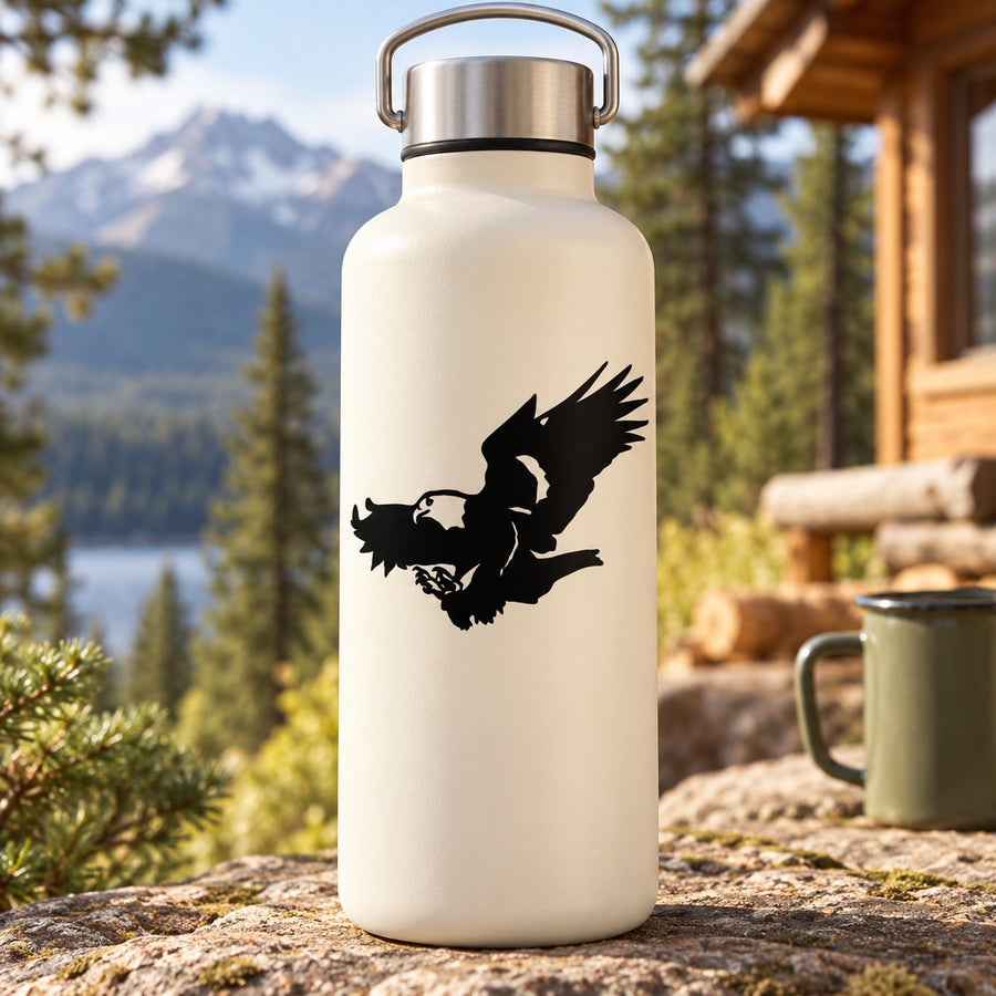White water bottle with black hunting eagle decal