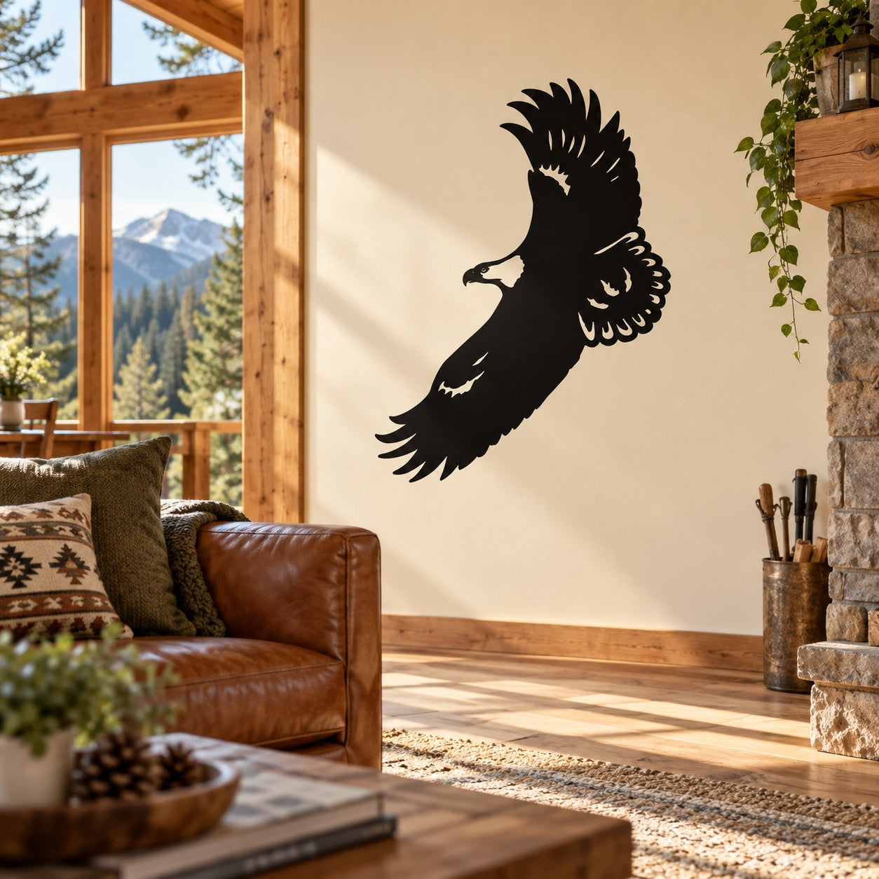 Flying eagle decal with black silhouette, wings spread, for wall decor