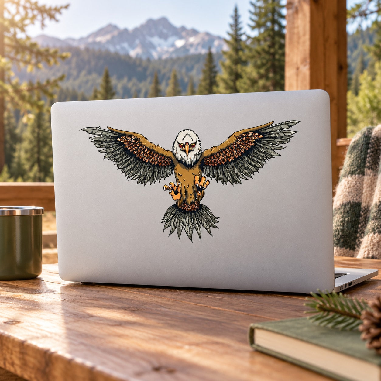 Eagle wings spread sticker with detailed white, gold and black eagle graphic on light backing
