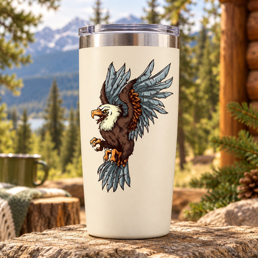 Eagle open-wings sticker decal on cream tumbler with brown and blue wings