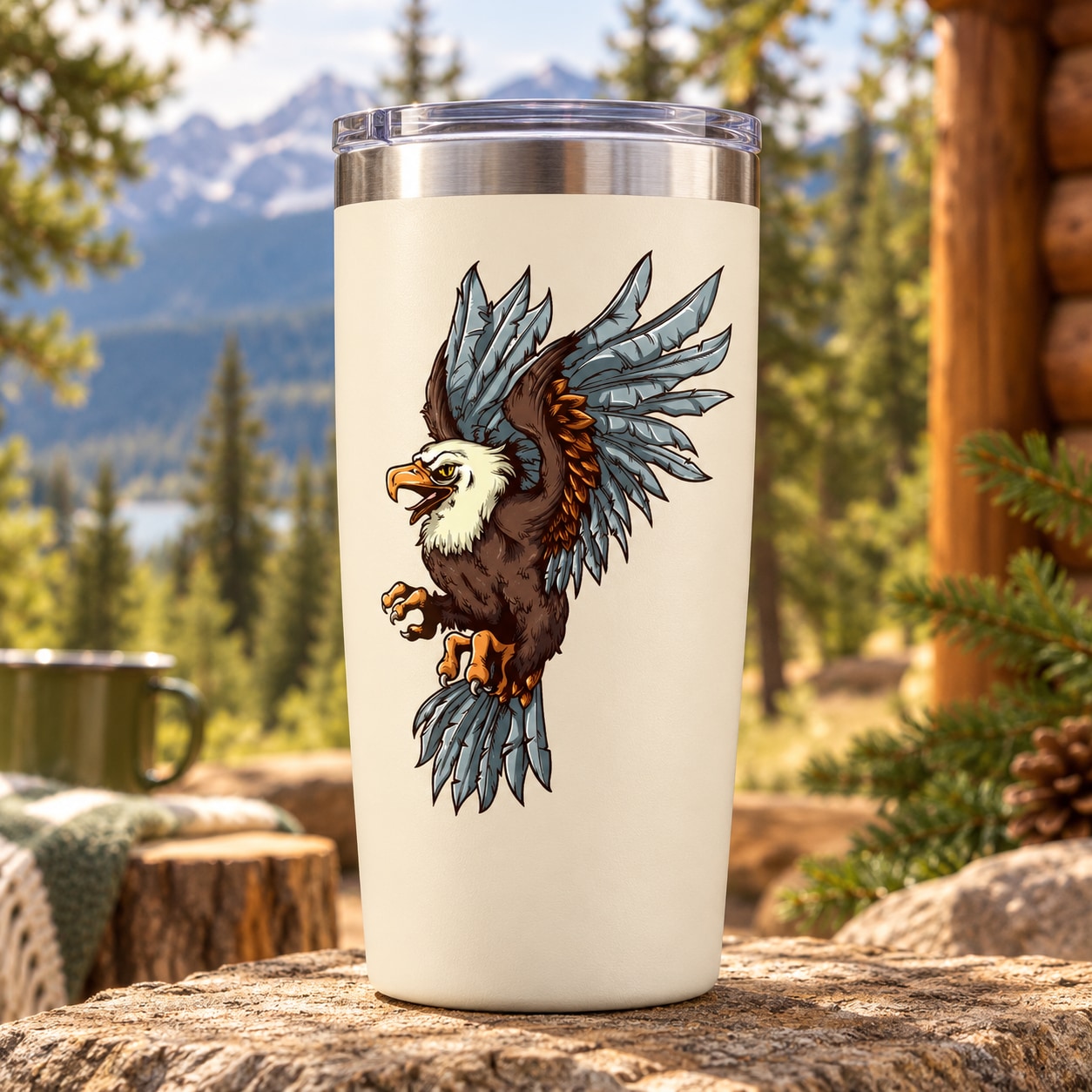 Eagle open-wings sticker decal on cream tumbler with brown and blue wings