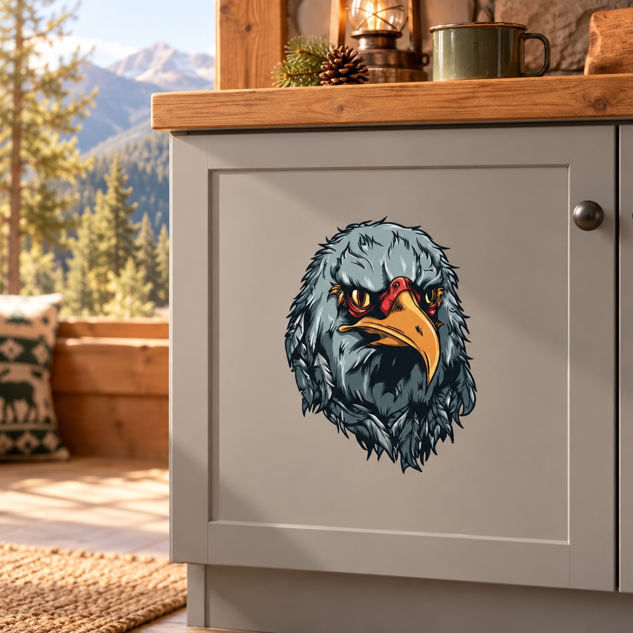 Stylized eagle head decal with blue-gray feathers, orange beak, and red eyes