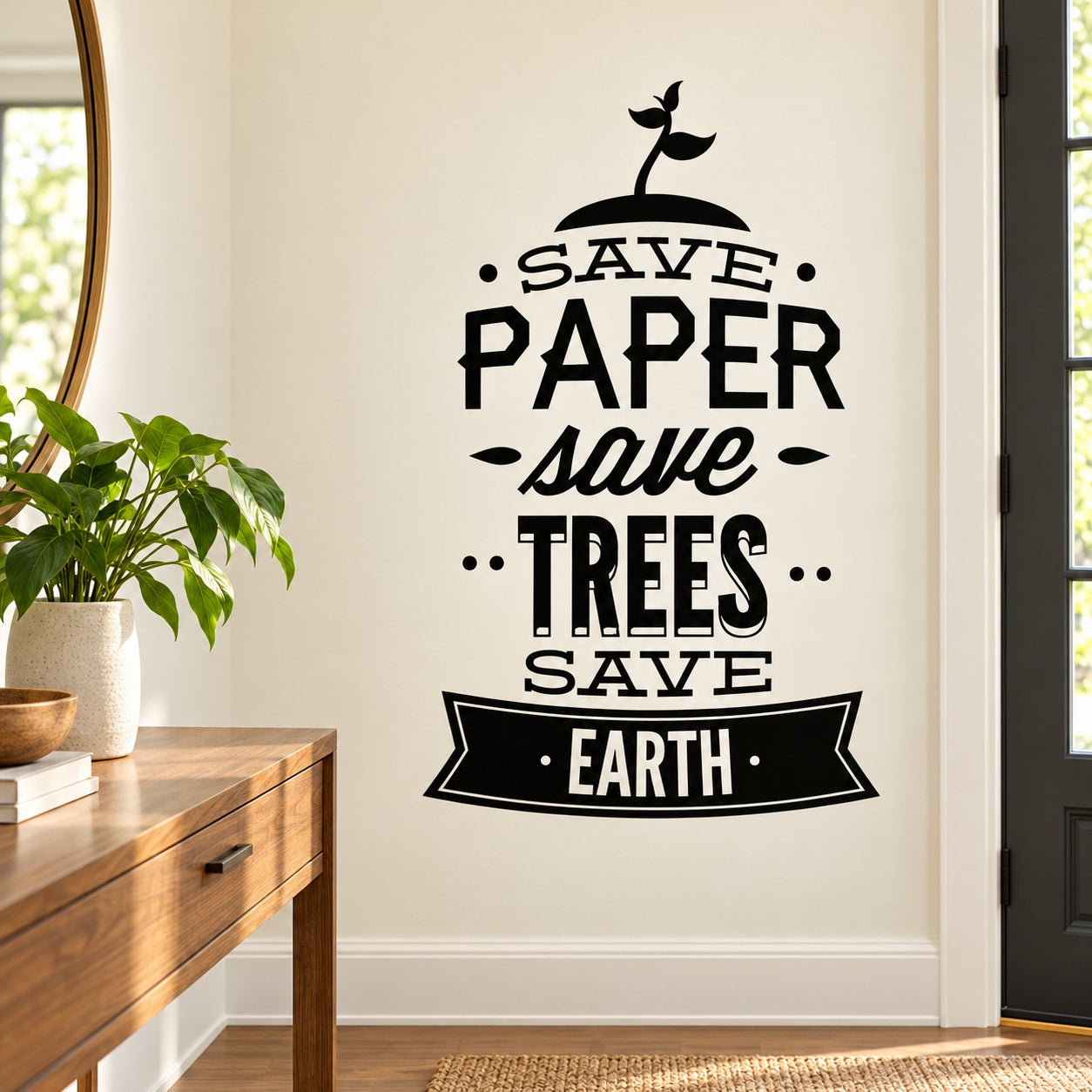 Inspirational wall decal with SAVE PAPER, SAVE TREES, SAVE EARTH lettering and tree icon