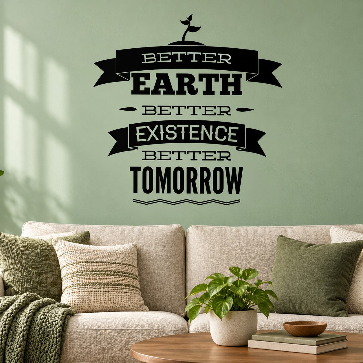 Black wall decal with stacked ribbons reading Better Earth, Better Existence, Better Tomorrow