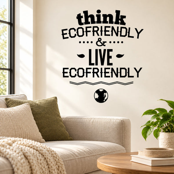 Eco-friendly wall decal with “think ecofriendly & live ecofriendly” and globe icon