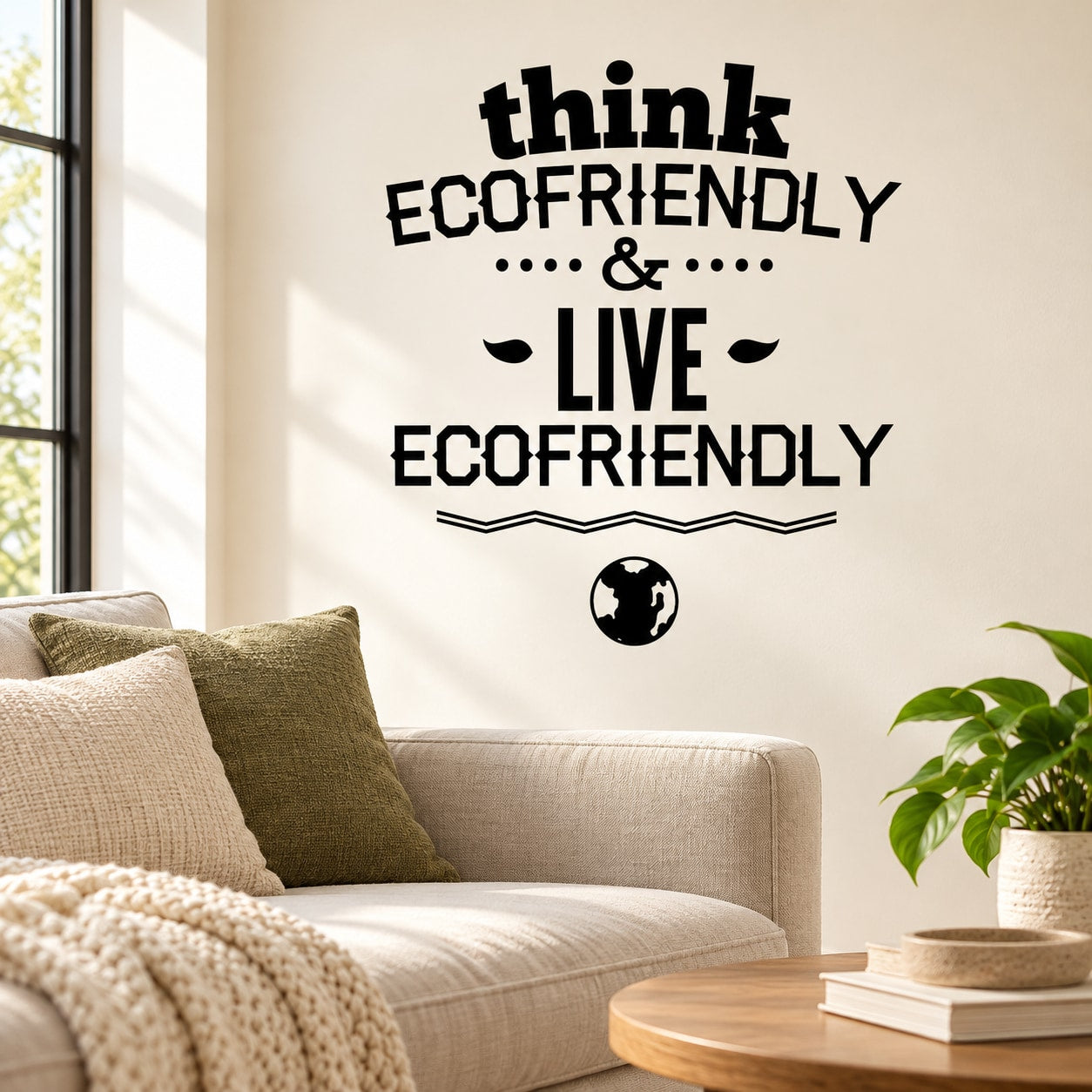 Eco-friendly wall decal with “think ecofriendly & live ecofriendly” and globe icon