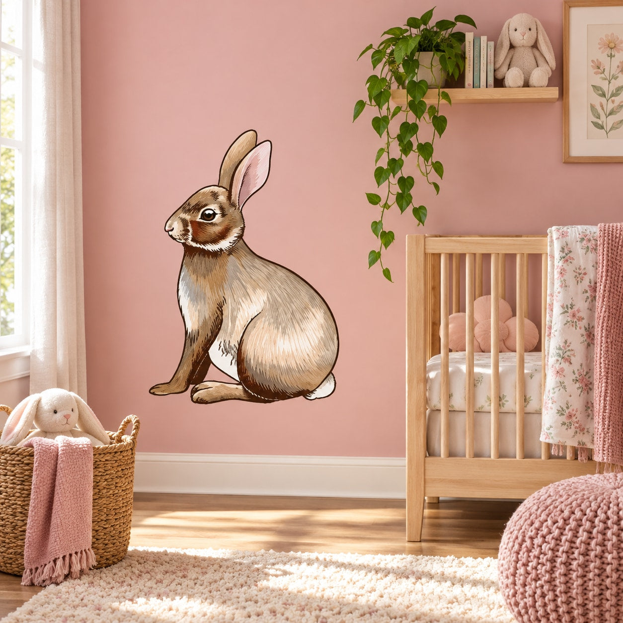Classic Easter bunny sticker, sitting cartoon rabbit with detailed tan and white fur