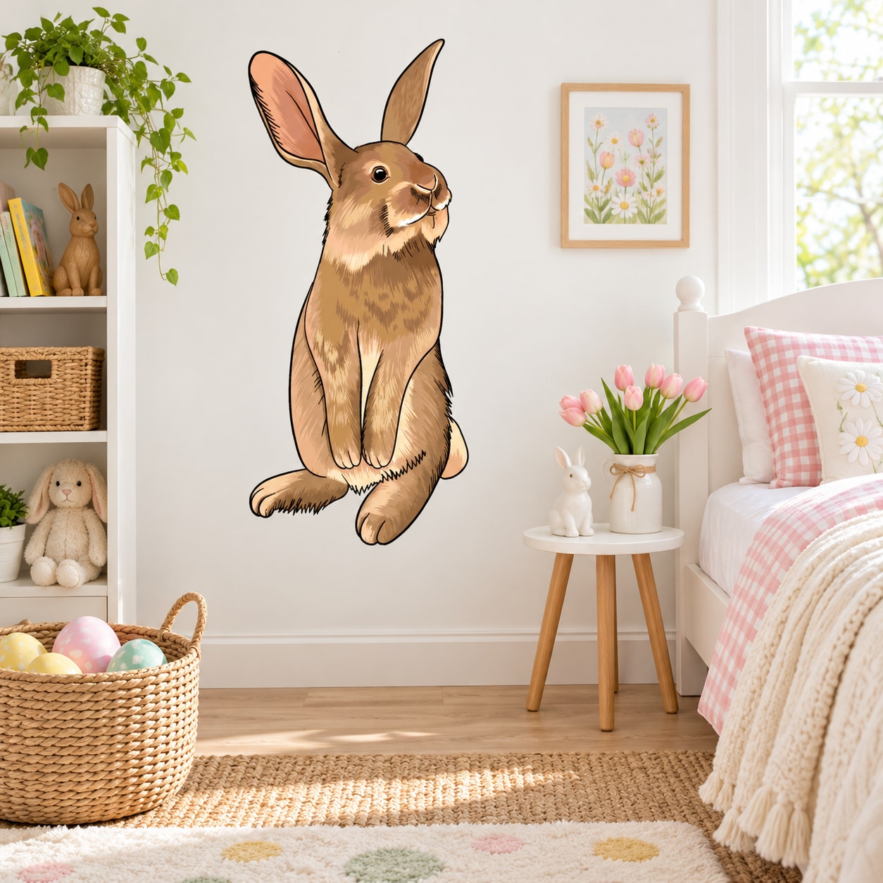 Brown and cream Easter bunny looking sticker with sitting pose and outlined details