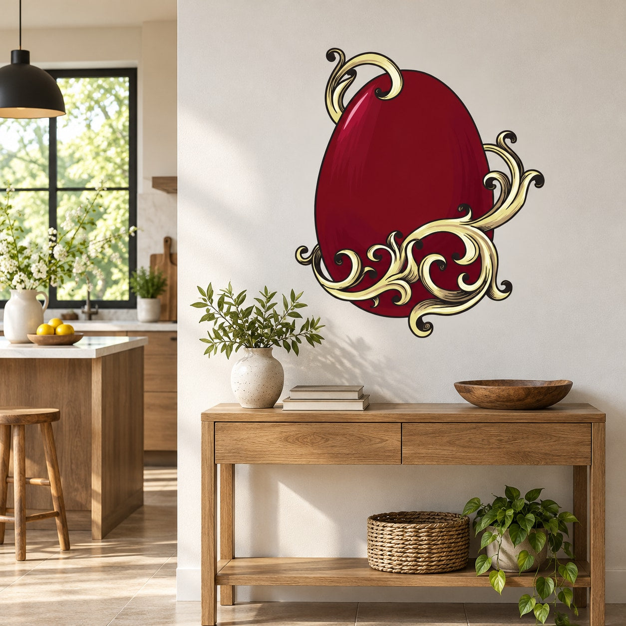 Red Easter egg die-cut decal with gold floral filigree and ornate scrolls
