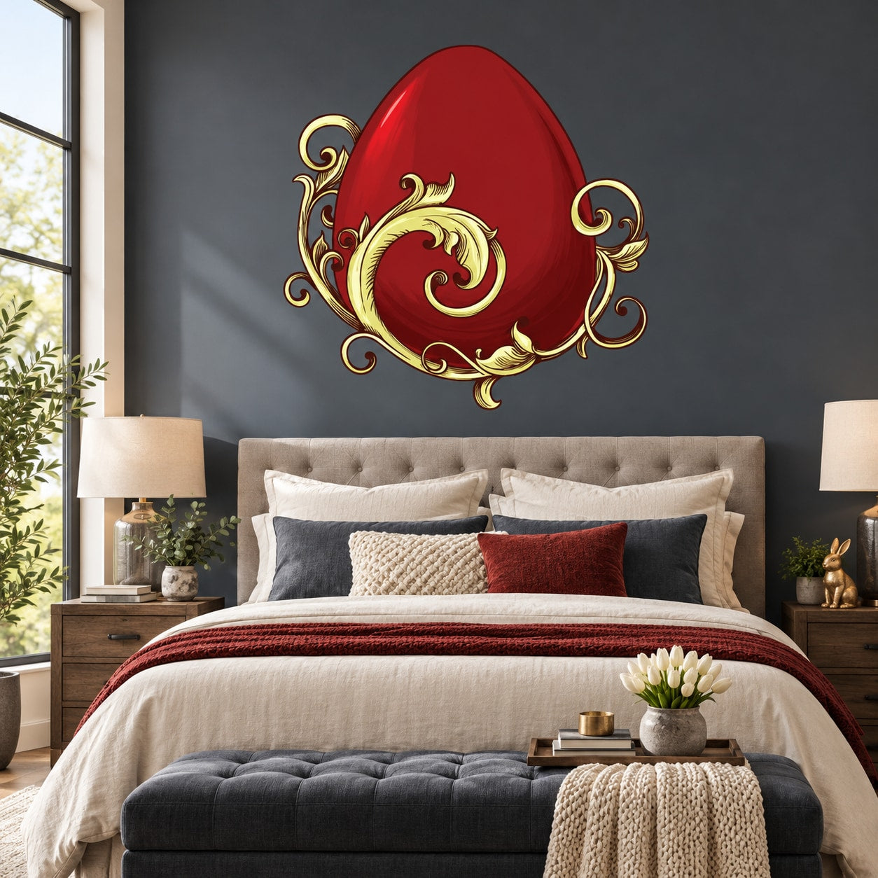 Red Easter egg wall decal with gold ornamental scroll and floral accents