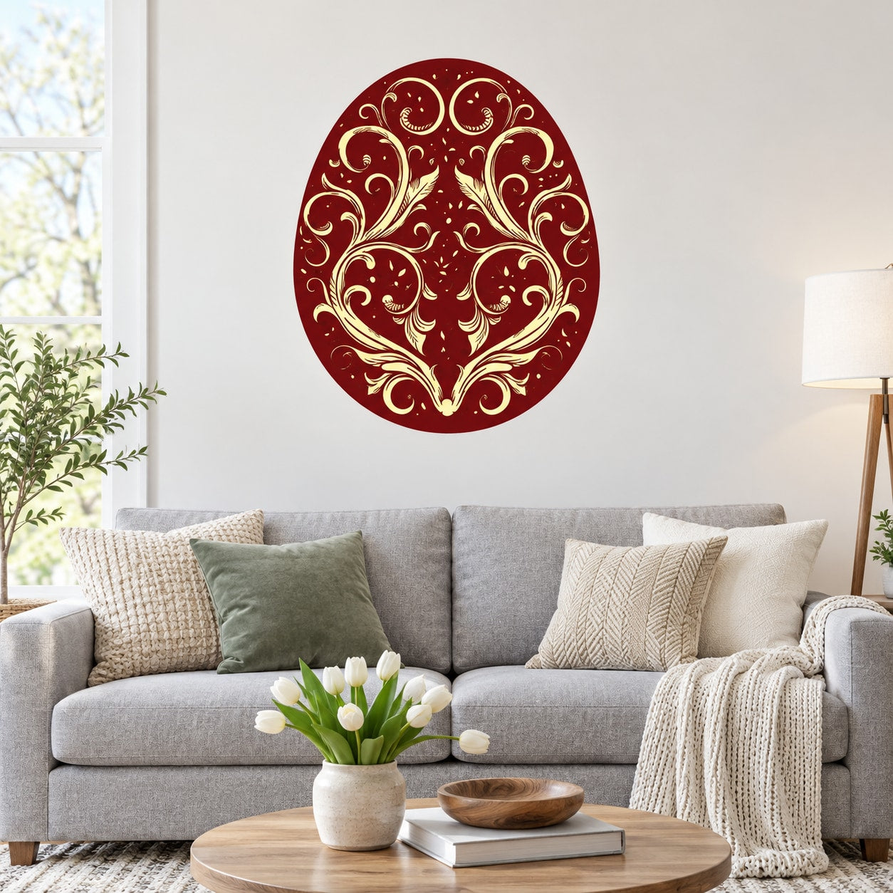 Floral Easter egg sticker with red background and ornate gold scrollwork pattern