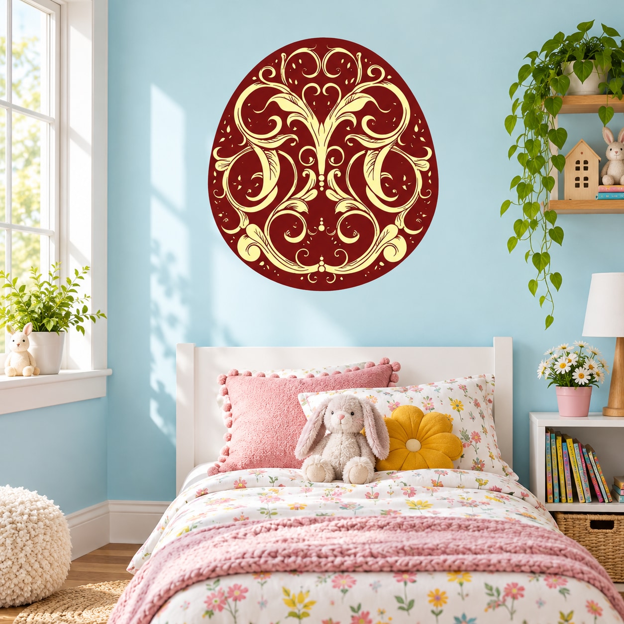 Ornate maroon and gold Easter egg sticker, circular decorative design