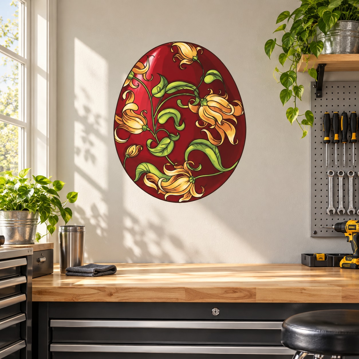 Floral Easter egg sticker, oval red design with green leaves and yellow flowers