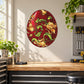 Floral Easter egg sticker, oval red design with green leaves and yellow flowers