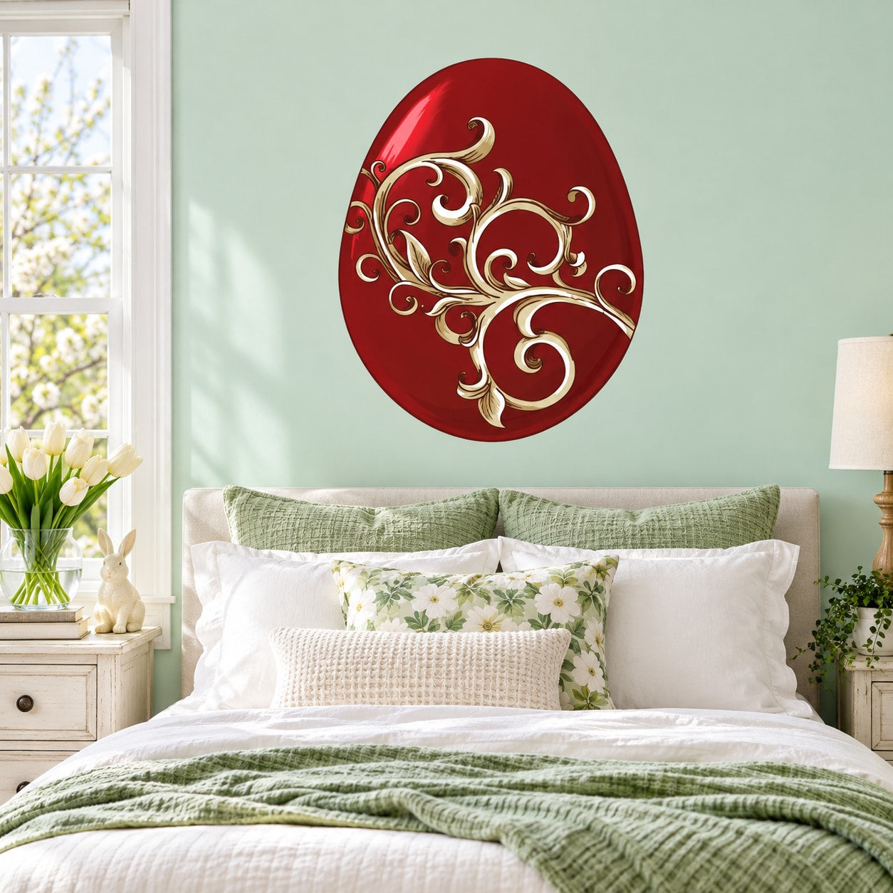 Easter egg floral sticker: red oval egg with gold ornamental vine details