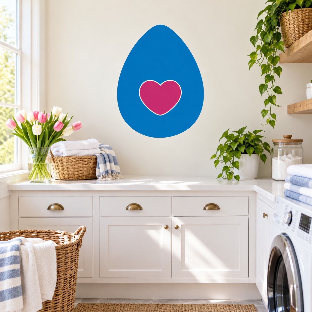 Blue teardrop Easter egg sticker with pink heart center